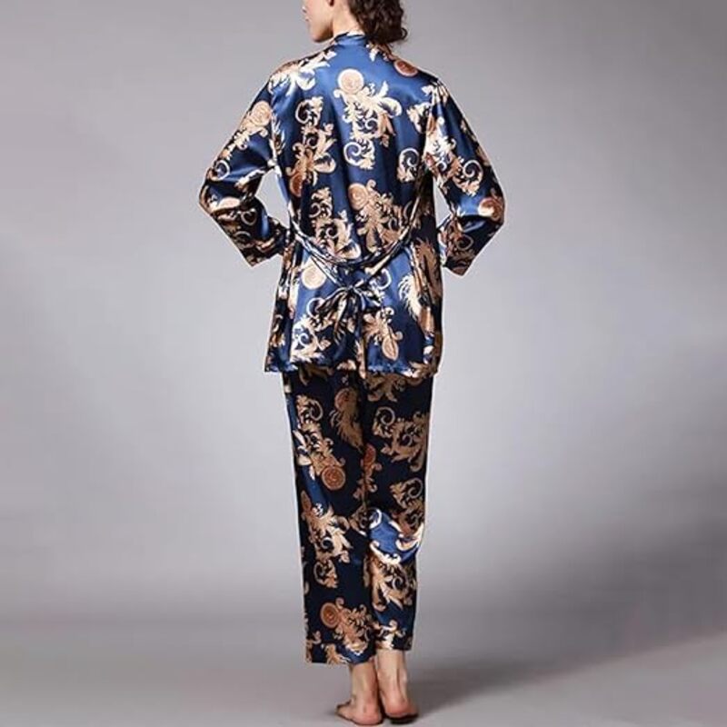 MARGOUN XXL Pajamas For Women Set 3 Pcs Dragon Pattern Robes Silky Pj Sets Sleepwear Cami Nightwear With Robe And Pant TZ013 - Blue