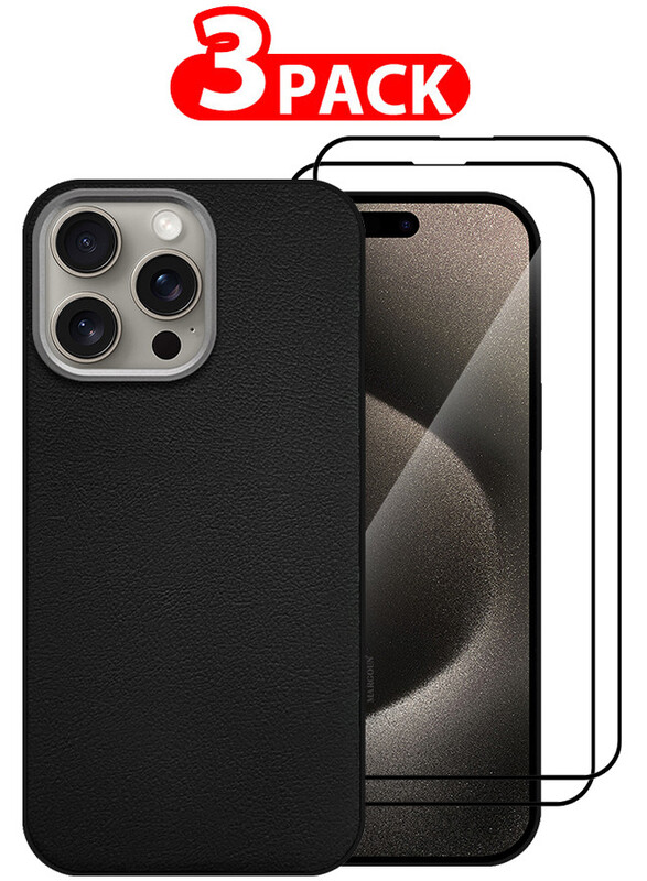 

MARGOUN for iPhone 15 Pro Max 3 Pack Case Cover and 2 Screen Protectors Leather Case with Lens Frame Shockproof Full Body Protective Cover Black