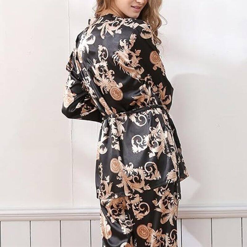 MARGOUN Large Pajamas For Women Set 3 Pcs Dragon Pattern Robes Silky Pj Sets Sleepwear Cami Nightwear With Robe And Pant TZ013 - Black