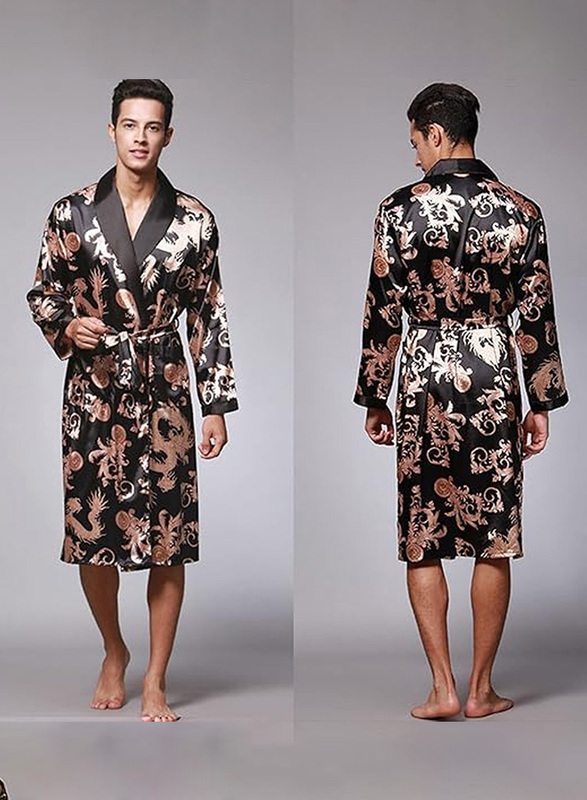 MARGOUN Bathrobe Men's XXL Bath Robe Dressing Gown Comfortable Sleepwear Silk Lovers Long Special Style Sleeves Nightgown Dressing Gown Dragon Pattern Black WP032