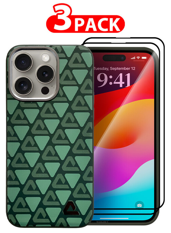 MARGOUN for iPhone 15 Pro 3 Pack Case and 2 Screen Protectors Leather Back Cover Triangle Pattern Shockproof Protective Phone Case Green