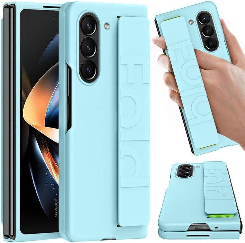 

MARGOUN For Samsung Galaxy Z Fold 5 Case Silicone Grip Cover with Wrist Strap Holder (Sky blue)