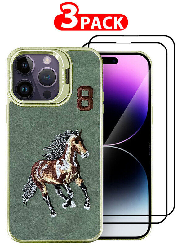 

Generic CATANES 3 Pack For iPhone 14 Pro Max Case Cover and 2 Screen Protectors Horse Series Leather Case 3D Embroidery Camera Bumper Anti Fingerprint ShookPr