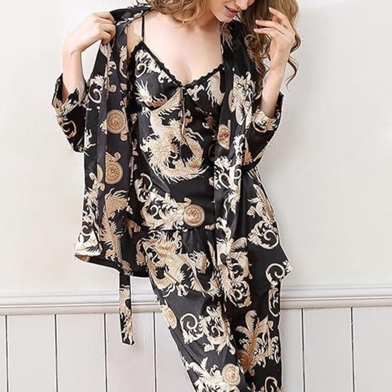 MARGOUN XL Pajamas For Women Set 3 Pcs Dragon Pattern Robes Silky Pj Sets Sleepwear Cami Nightwear With Robe And Pant TZ013 - Black