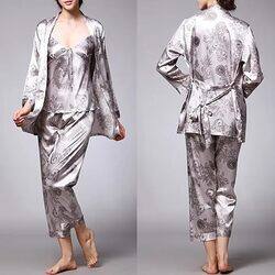 MARGOUN XXL Pajamas For Women Set 3 Pcs Dragon Pattern Robes Silky Pj Sets Sleepwear Cami Nightwear With Robe And Pant TZ013 - Silver