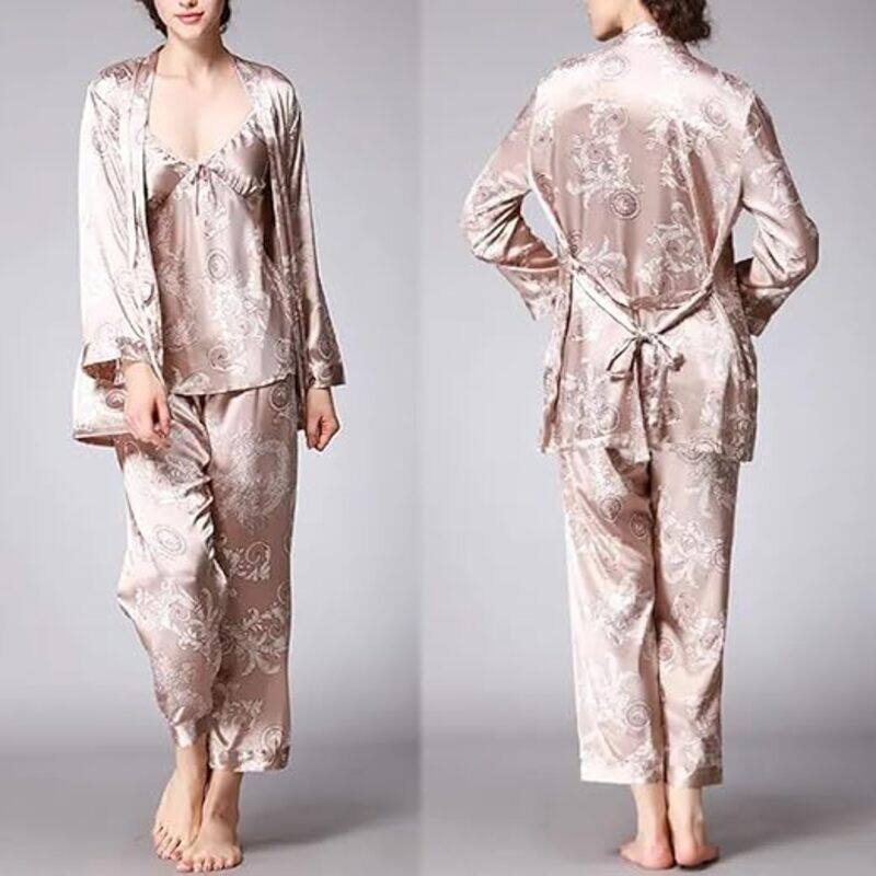 MARGOUN XL Pajamas For Women Set 3 Pcs Dragon Pattern Robes Silky Pj Sets Sleepwear Cami Nightwear With Robe And Pant TZ013 - Beige