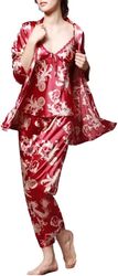 MARGOUN Medium Pajamas For Women Set 3 Pcs Dragon Pattern Robes Silky Pj Sets Sleepwear Cami Nightwear With Robe And Pant TZ013 - Red