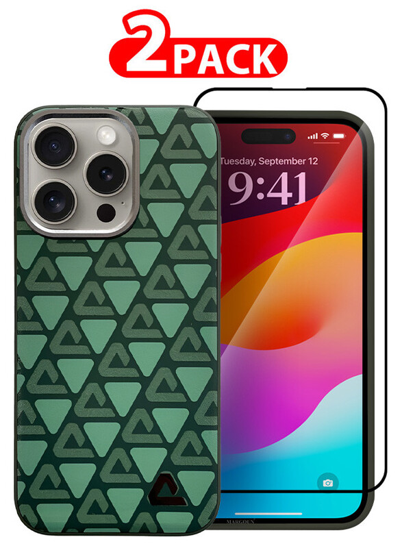 MARGOUN for iPhone 15 Pro 2 Pack Case and Screen Protector Leather Back Cover Triangle Pattern Shockproof Protective Phone Case Green