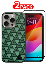 MARGOUN for iPhone 15 Pro 2 Pack Case and Screen Protector Leather Back Cover Triangle Pattern Shockproof Protective Phone Case Green