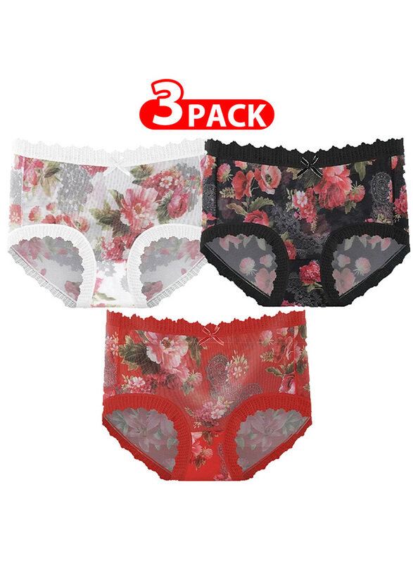 MARGOUN 3 Packs Women's XL Size Ultra-thin Panties Women Lace Briefs Ice Silk Mid-Waist Panties Female Lingerie Fashion Flower Print Seamless Underwear XL (Waist 26'') - MGU02