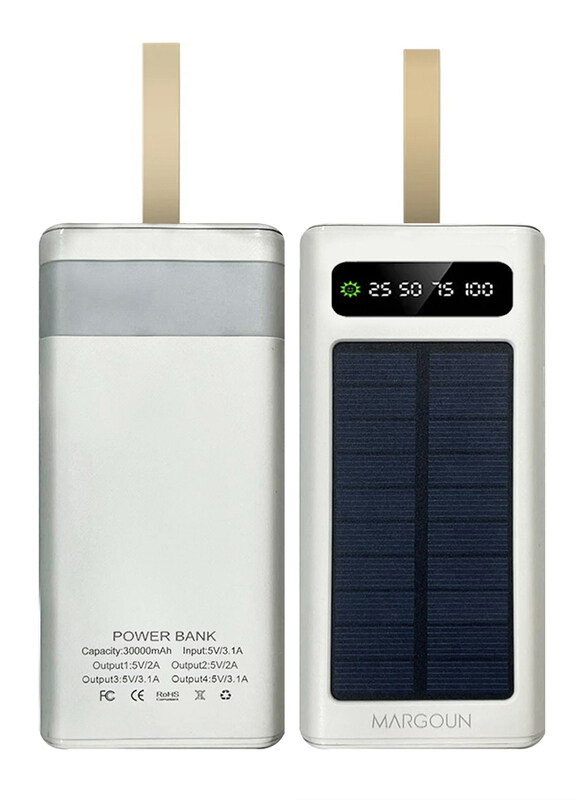 

MARGOUN New Solar Power Bank 30000mAh Outdoor Portable Fast Charge External Battery 4 USB Port Phone Charger with LED Light White