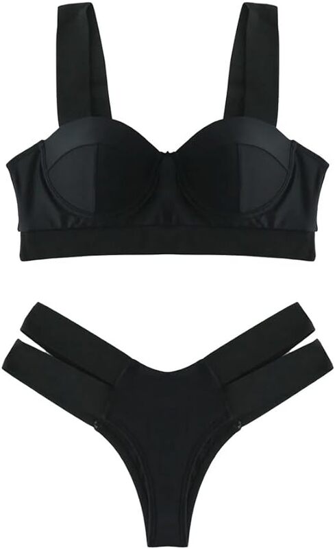 MARGOUN Size Large Women's Sexy 2Pcs Bikini Set, Crop Tank Tops with High Waist Triangle Bottoms M2835 - Black