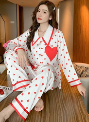 MARGOUN Women Medium Pajamas Sleepwear Suit Homewear Lounge Ice Silk Shirt Pant Two Pieces Long Sleeves Shirt and Pants Heart Print Pajamas Set - MG12