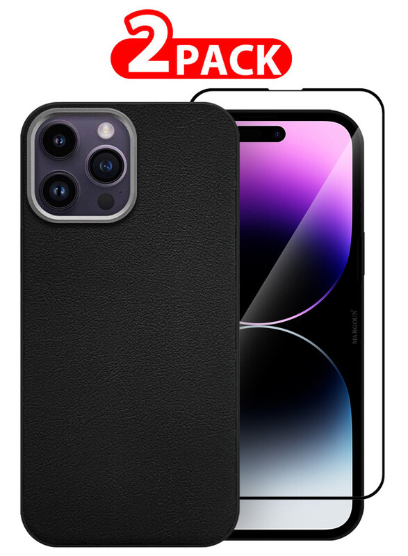 MARGOUN for iPhone 14 Pro Max 2 Pack Case Cover and Screen Protector Leather Case with Lens Frame Shockproof Full Body Protective Cover Black