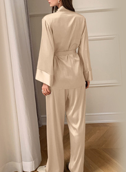 MARGOUN Women's XL Pyjama Set Long Sleeve Sleepwear Satin Two Piece Nightdress Kimono Pyjamas with Belt Tops and Trousers Skin T2702