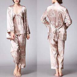 MARGOUN XXL Pajamas For Women Set 3 Pcs Dragon Pattern Robes Silky Pj Sets Sleepwear Cami Nightwear With Robe And Pant TZ013 - Beige