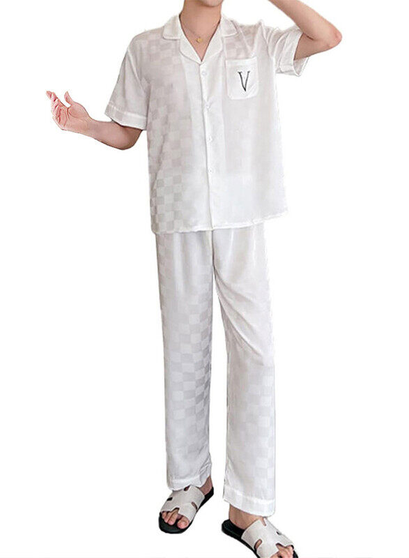 MARGOUN 2Pcs Pajama XXL Men Pajamas Houndstooth Ice Silk Homewear Sleep Suit Nightwear Short Sleeve Sleepwear White MG08