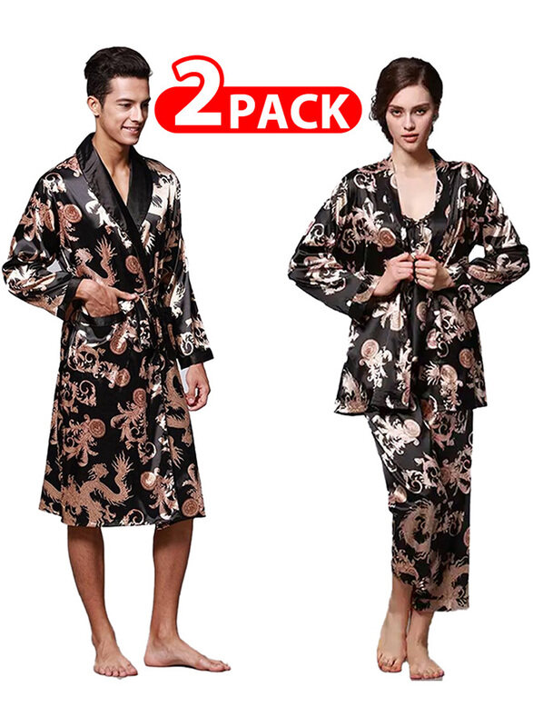 

Generic MARGOUN 2 Packs For Bathrobe Men's XL Women's Large Bath Robe Dressing Gown Comfortable Sleepwear Silk Lovers Nightgown Dressing Gown Dragon Pattern B