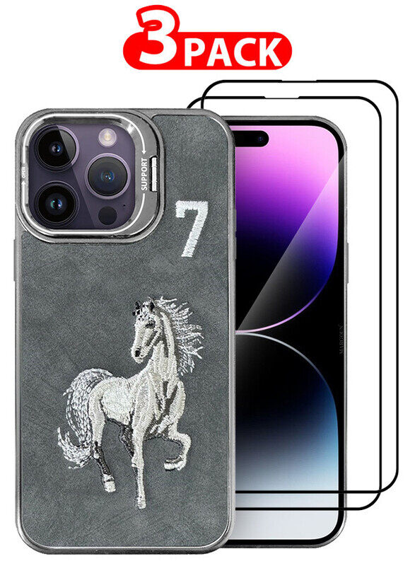 

Generic CATANES 3 Pack For iPhone 14 Pro Max Case Cover and 2 Screen Protectors Horse Series Leather Case 3D Embroidery Camera Bumper Anti Fingerprint ShookPr