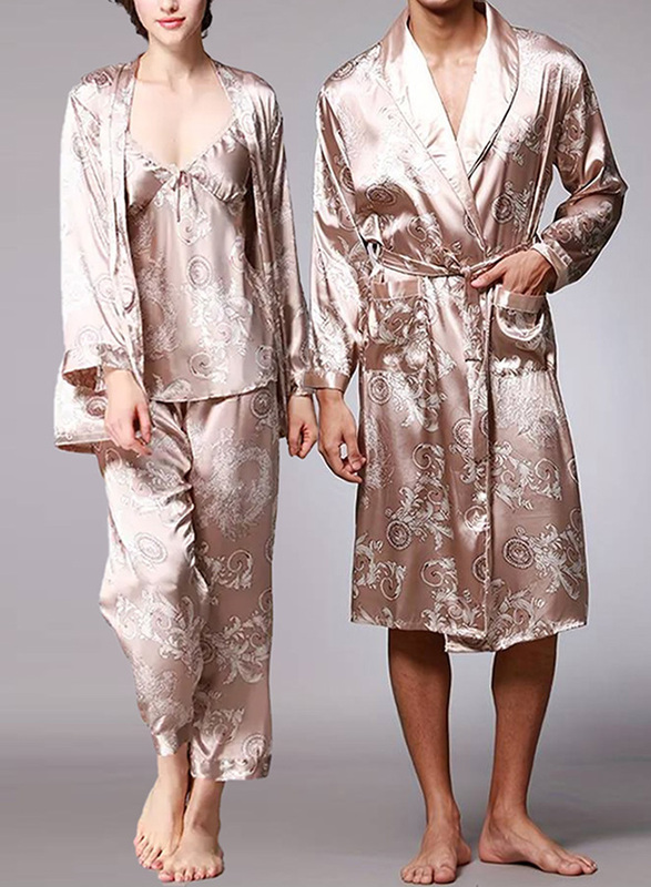 MARGOUN 2 Packs For Bathrobe Men's 3XL Women's 2XL Bath Robe Dressing Gown Comfortable Sleepwear Silk Lovers Nightgown Dressing Gown Dragon Pattern Beige WP032