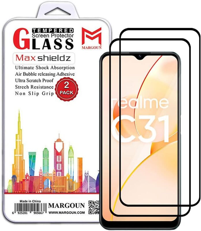 MARGOUN 2 Pack For Realme C31 Screen Protector Side Black Tempered Glass 9H Hardness Anti Finger-Print