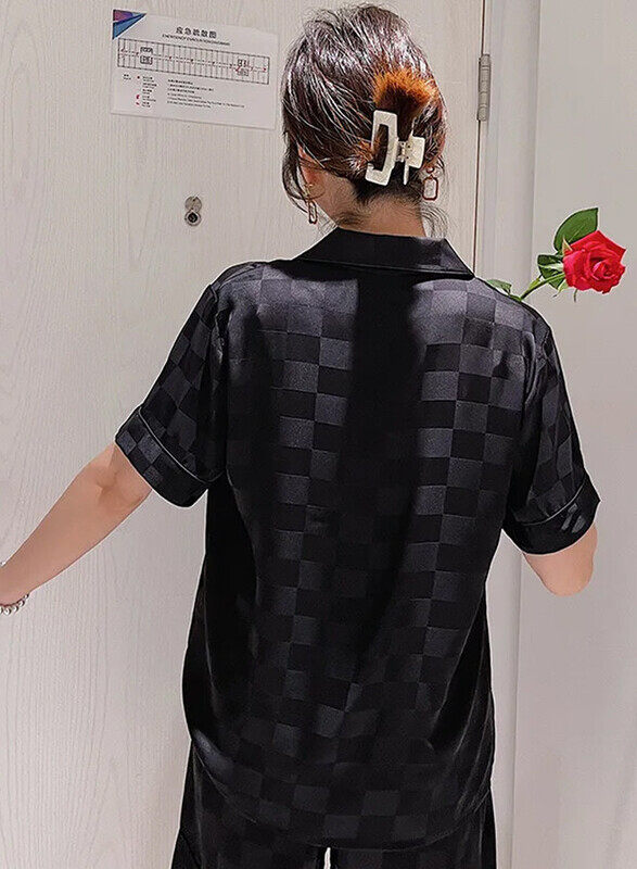 MARGOUN 2Pcs Pajama Large Women Pajamas Houndstooth Ice Silk Homewear Sleep Suit Nightwear Short Sleeve Sleepwear Black MG08