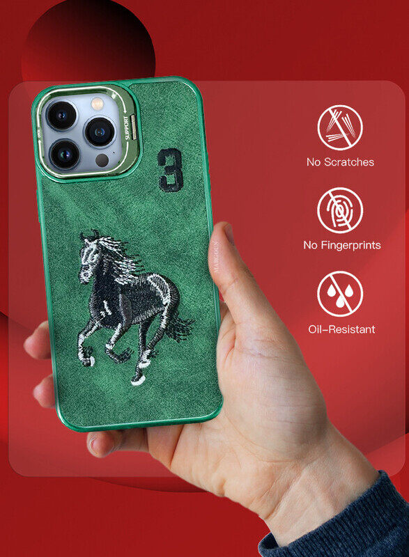 MARGOUN iPhone 13 Pro Max Case Cover Horse Series Leather Case 3D Embroidery Camera Bumper Anti Fingerprint ShookProof Protection Back Cover Kickstand Case Green