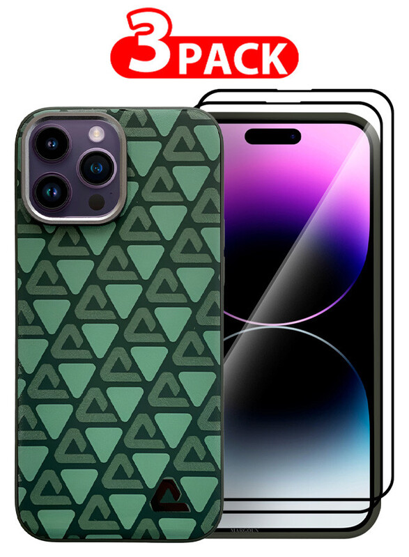 MARGOUN for iPhone 14 Pro Max 3 Pack Case and 2 Screen Protectors Leather Back Cover Triangle Pattern Shockproof Protective Phone Case Green