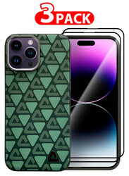 MARGOUN for iPhone 14 Pro Max 3 Pack Case and 2 Screen Protectors Leather Back Cover Triangle Pattern Shockproof Protective Phone Case Green