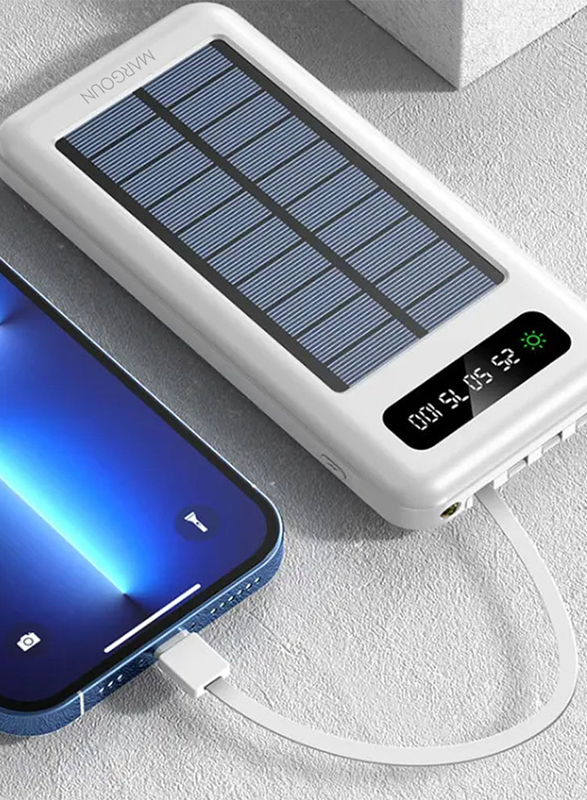 MARGOUN 10000mAh Solar Power Bank Big Capacity Phone Charging Powerbank with Cable External Battery Phone Fast Charger White