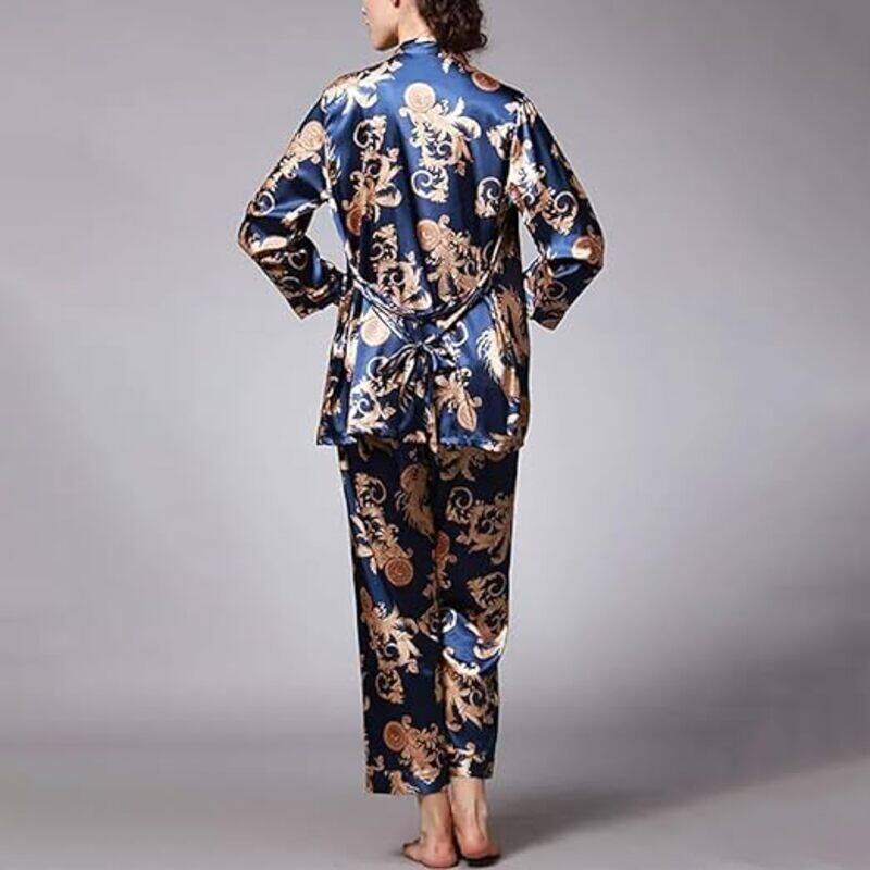 MARGOUN XL Pajamas For Women Set 3 Pcs Dragon Pattern Robes Silky Pj Sets Sleepwear Cami Nightwear With Robe And Pant TZ013 - Blue