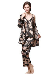 MARGOUN Bathrobe Women's XXL 3 Pieces Pajamas Set Comfortable Sleepwear Silk Lovers Nightgown Dressing Gown Dragon Pattern Black WP032