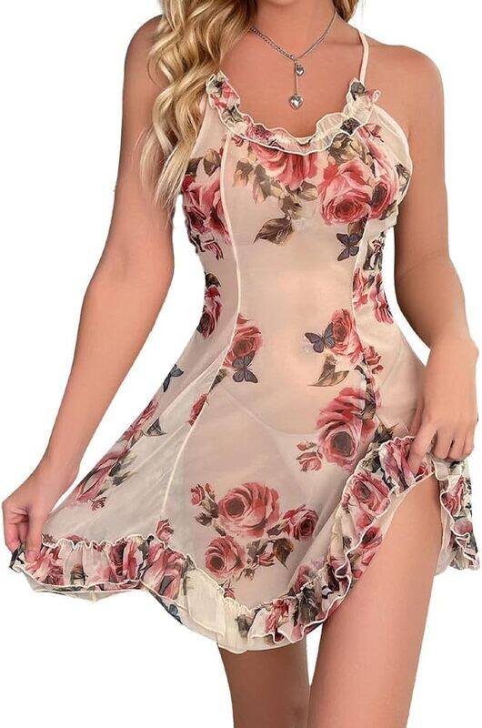 

Generic MARGOUN Large Mesh Lingerie for Women Exotic Babydoll Lingerie Spaghetti Strap Chemise Nightgowns Floral Print Halter Nightdress W660