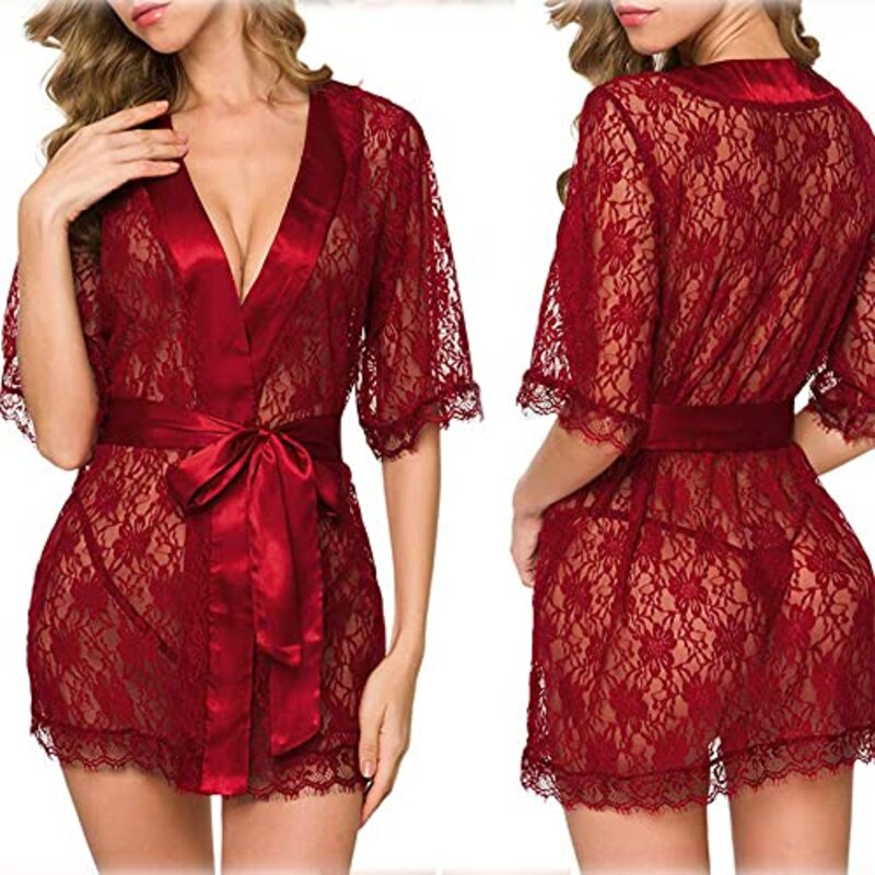 Margoun Sexy Babydoll Robe Transparent Lace Deep V-Neck Short Lingerie Sleepwear Nightwear for Women, W396, Red