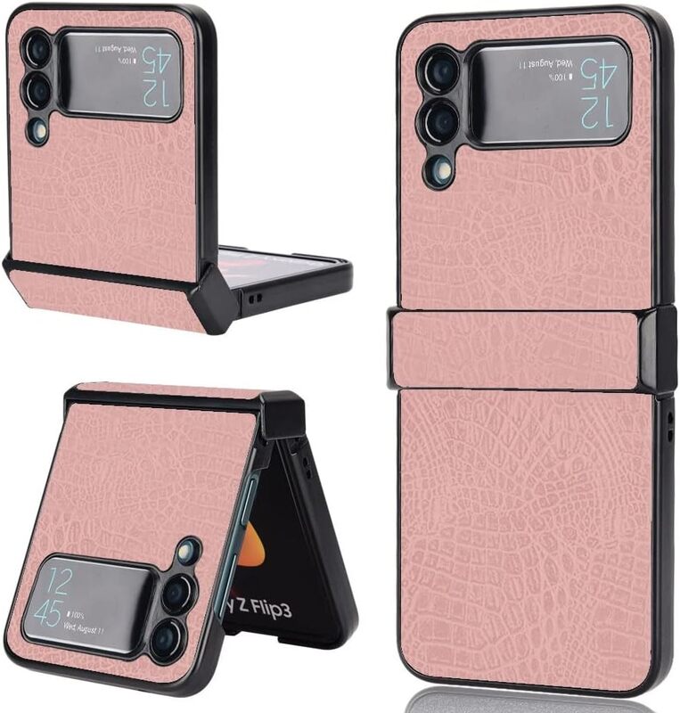MARGOUN For Samsung Galaxy Z Flip 3 Luxury Leather Case Crocodile Skin Pattern Anti-Scratch Foldable Cover (Pink)
