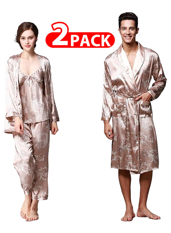 MARGOUN 2 Packs For Bathrobe Men's 3XL Women's 2XL Bath Robe Dressing Gown Comfortable Sleepwear Silk Lovers Nightgown Dressing Gown Dragon Pattern Beige WP032