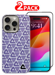 MARGOUN for iPhone 15 Pro 2 Pack Case and Screen Protector Leather Back Cover Triangle Pattern Shockproof Protective Phone Case Purple