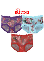 MARGOUN 3 Packs Women's Large Size Ultra-thin Panties Women Lace Briefs Ice Silk Mid-Waist Panties Female Lingerie Fashion Flower Print Seamless Underwear L (Waist 24'') - MGU02