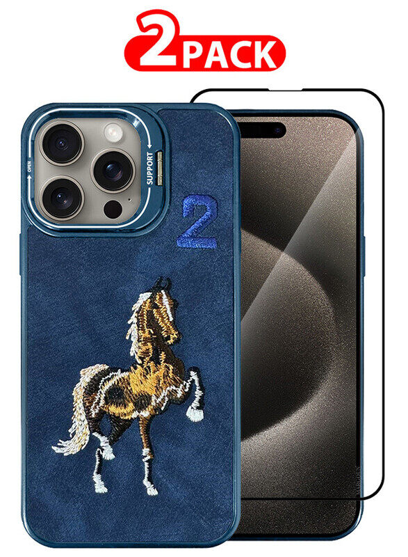 

MARGOUN2 Pack For iPhone 15 Pro Max Case Cover and Screen Protector Horse Series Leather Case 3D Embroidery Camera Bumper Anti Fingerprint ShookProof