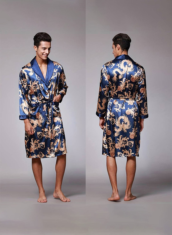 MARGOUN Bathrobe Men's Large Bath Robe Dressing Gown Comfortable Sleepwear Silk Lovers Long Special Style Sleeves Nightgown Dressing Gown Dragon Pattern Blue WP032