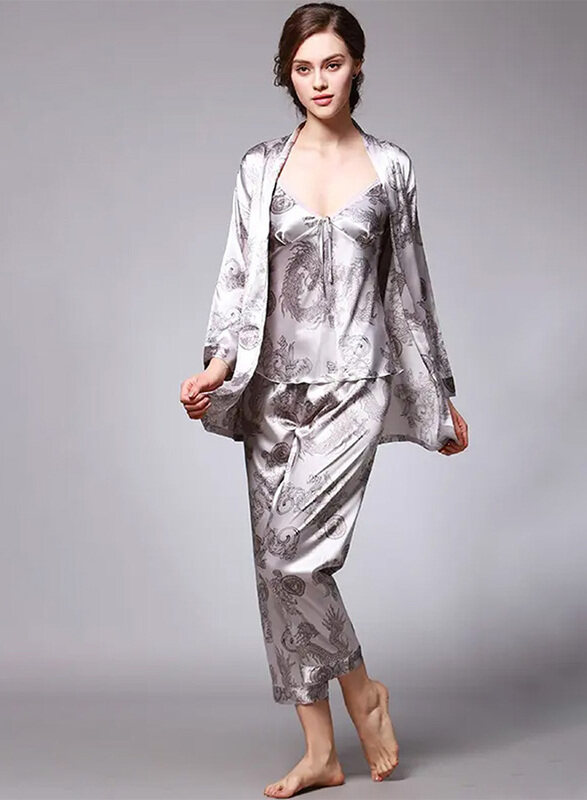 

Generic MARGOUN Bathrobe Women's XXL 3 Pieces Pajamas Set Comfortable Sleepwear Silk Lovers Nightgown Dressing Gown Dragon Pattern Silver WP032