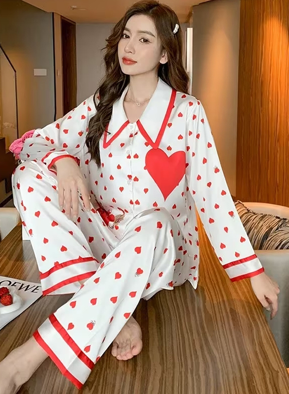 MARGOUN Women XL Pajamas Sleepwear Suit Homewear Lounge Ice Silk Shirt Pant Two Pieces Long Sleeves Shirt and Pants Heart Print Pajamas Set - MG12