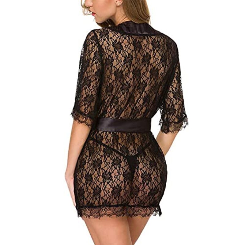 Margoun Sexy Babydoll Robe Transparent Lace Deep V-Neck Short Lingerie Sleepwear Nightwear for Women, W396, Black