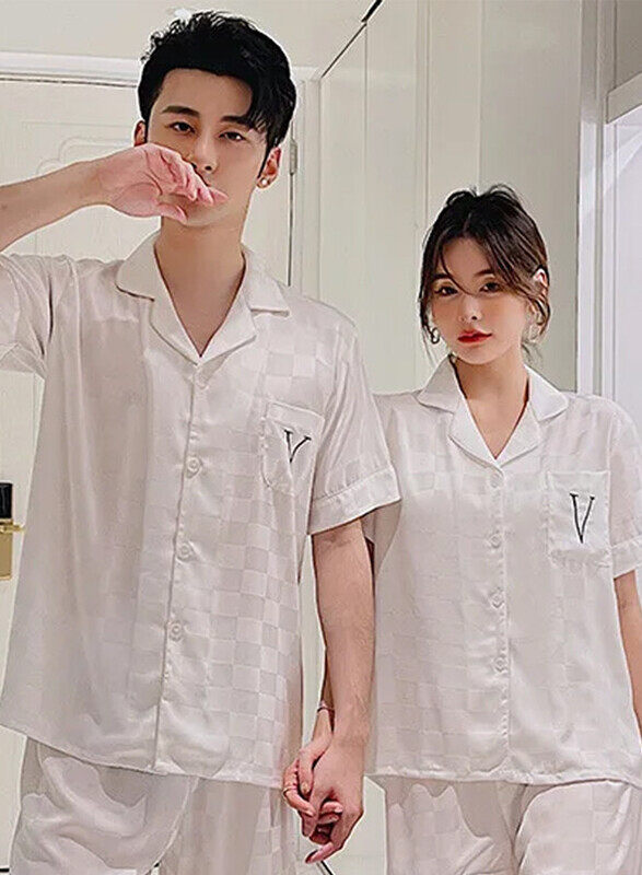 MARGOUN 2Pcs Pajama XXXL Men XXXL Women Pajamas Houndstooth Ice Silk Homewear Sleep Suit Nightwear Short Sleeve Sleepwear White MG08