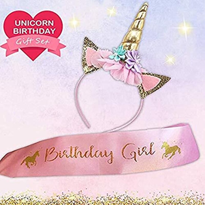 Unicorn Headband And Birthday Girl Sash Set