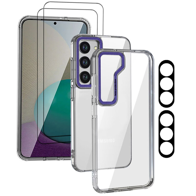 MARGOUN 5 Packs For Samsung Galaxy S23 Clear Case With 2 Screen Protectors and 2 Camera Lens Protectors/Purple