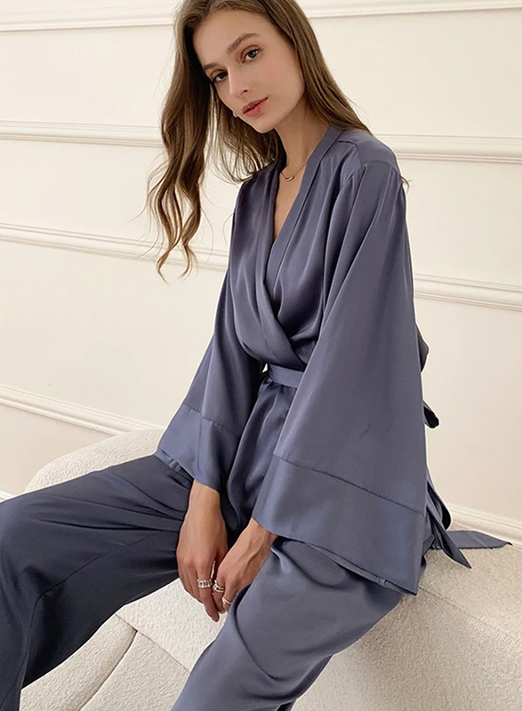 MARGOUN Women's XL Pyjama Set Long Sleeve Sleepwear Satin Two Piece Nightdress Kimono Pyjamas with Belt Tops and Trousers Purple T2702