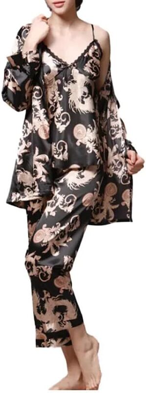 MARGOUN XXL Pajamas For Women Set 3 Pcs Dragon Pattern Robes Silky Pj Sets Sleepwear Cami Nightwear With Robe And Pant TZ013 - Black