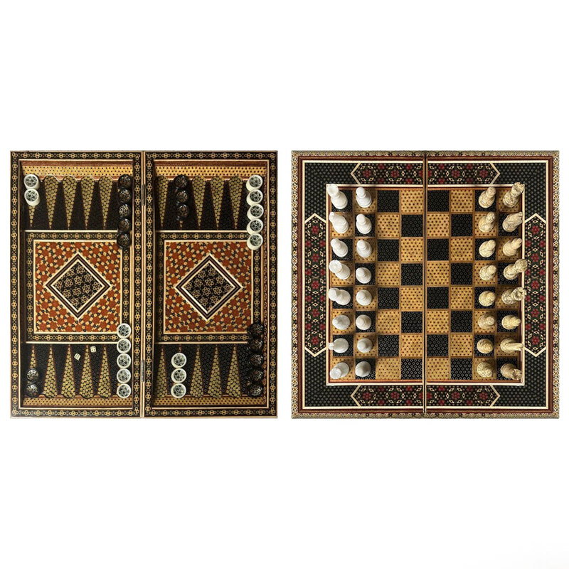MARGOUN Handmade Chess Board and Backgammon Set Decorative Chess Gift Wooden Backgammon Set Khatam Chess /Brown