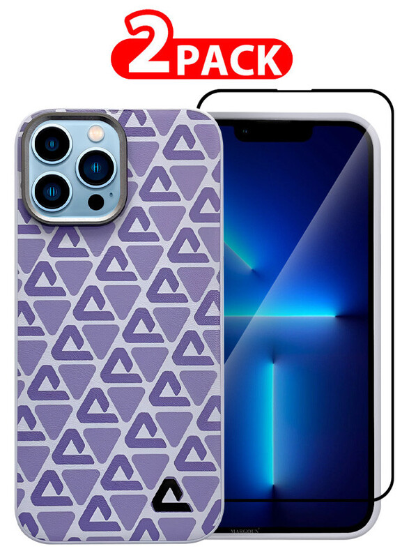 MARGOUN for iPhone 13 Pro Max 2 Pack Case and Screen Protector Leather Back Cover Triangle Pattern Shockproof Protective Phone Case Purple